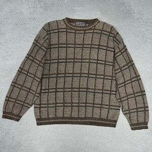 VTG David Taylor Sweater Mens Sz L Brown Plaid Knit Pullover Grandpa Made in USA